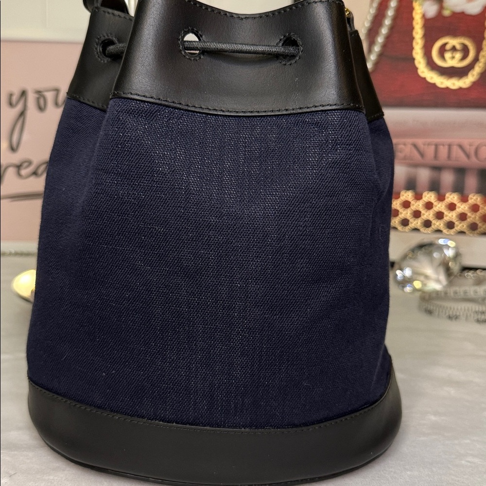Furla Stacy Mini Bucket Bag Navy Canvas & Black Leather Crossbody EUC - Picture 8 of 9